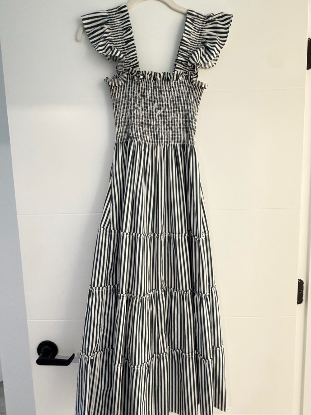 Hill House Elllie green stripe Midi Dress with Ruffle Straps